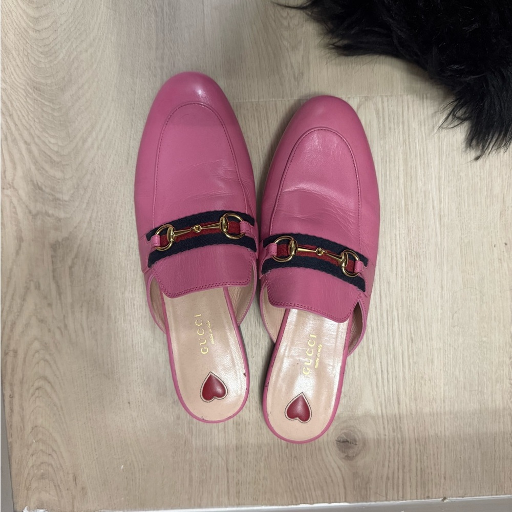 Gucci Pink Leather Mules with Gold Accents